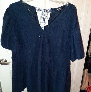 BloomChic Navy Lace V-Neck Blouse with Back Tie
